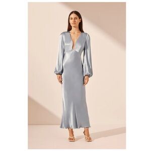 Shona Joy La Lune Plunged Neck Balloon Sleeve Midi Dress